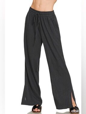 Zenana Black Linen Drawstring Pants